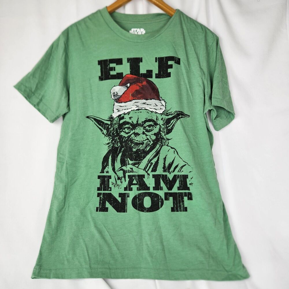 Star Wars Yoda Christmas Hat Green T Shirt‎ Size M “Elf I Am Not” Graphic Mad